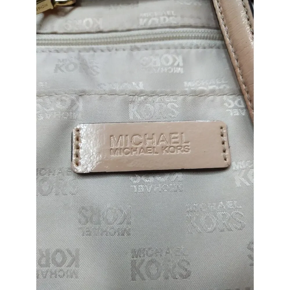 Michael Kors Beige Coated Canvas Leather Trim MK Printed Double Handles Tote Bag